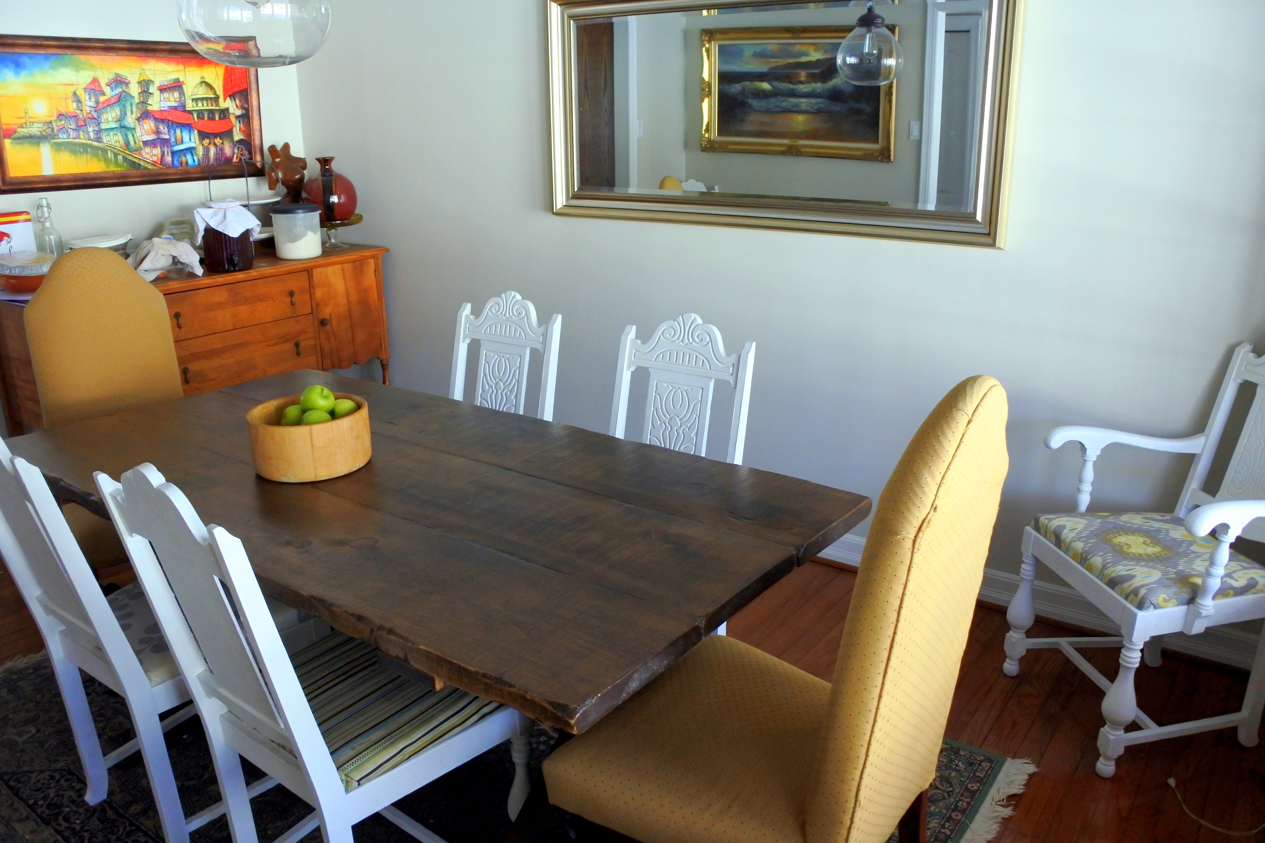 bohemian farmhouse second hand thrifty dining room solid wood harvest table upcycle chairs