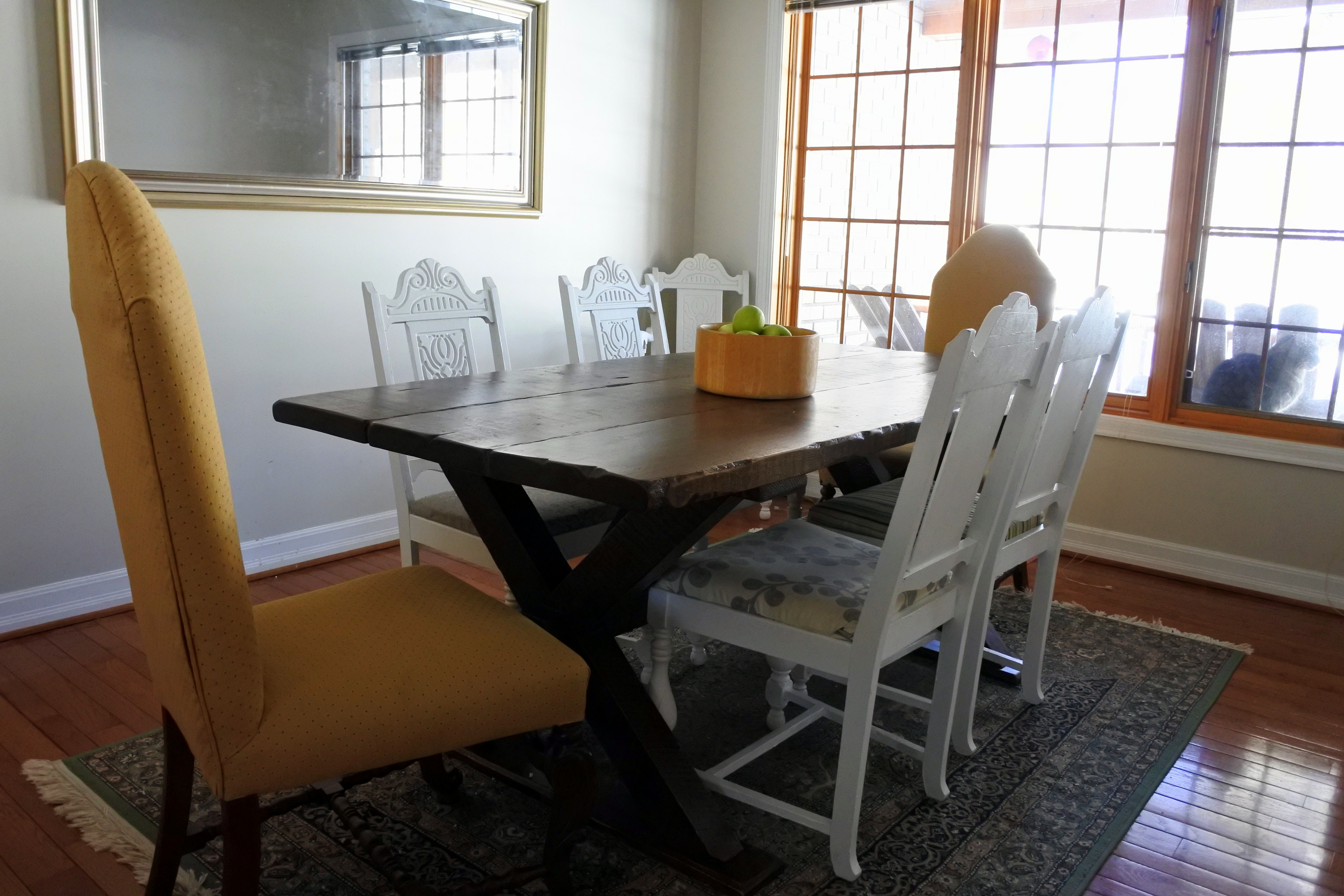 bohemian farmhouse second hand dining room solid wood harvest table reclaimed upcycle mahogany chairs 