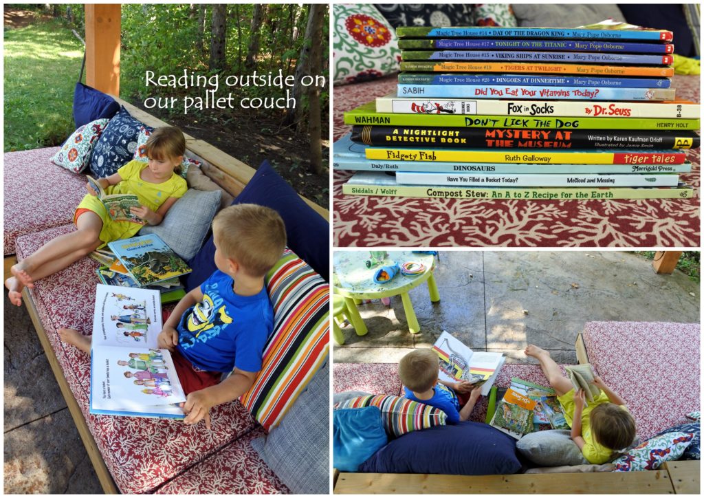 pallet furniture DIY upcycle books kids book shelf pallet couch reading learning outside ottawa